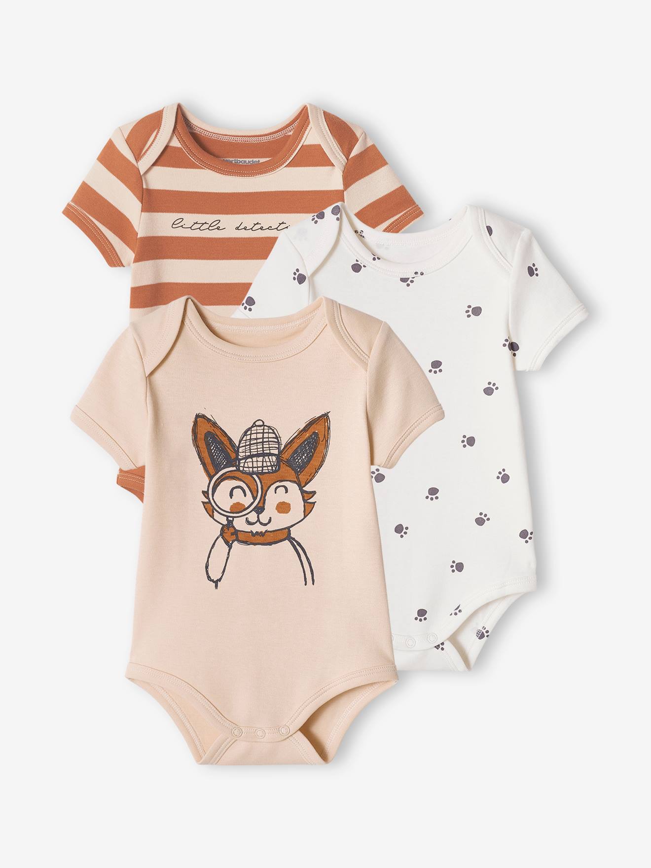 Set van 3 "vossen" rompers voor baby's met korte mouwen beige (poederkleur)