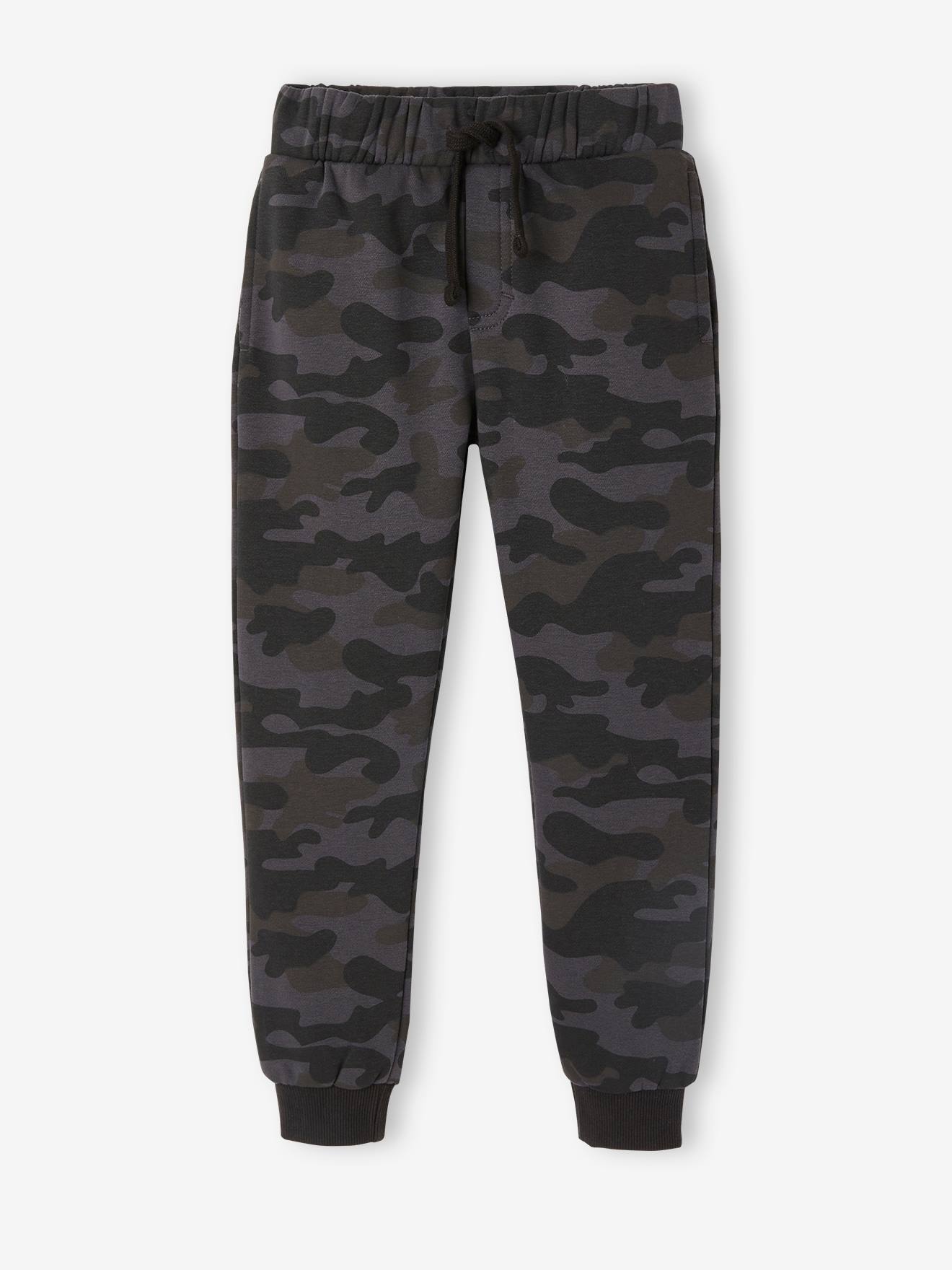 Joggingbroek camouflageprint van molton zwart, bedrukt