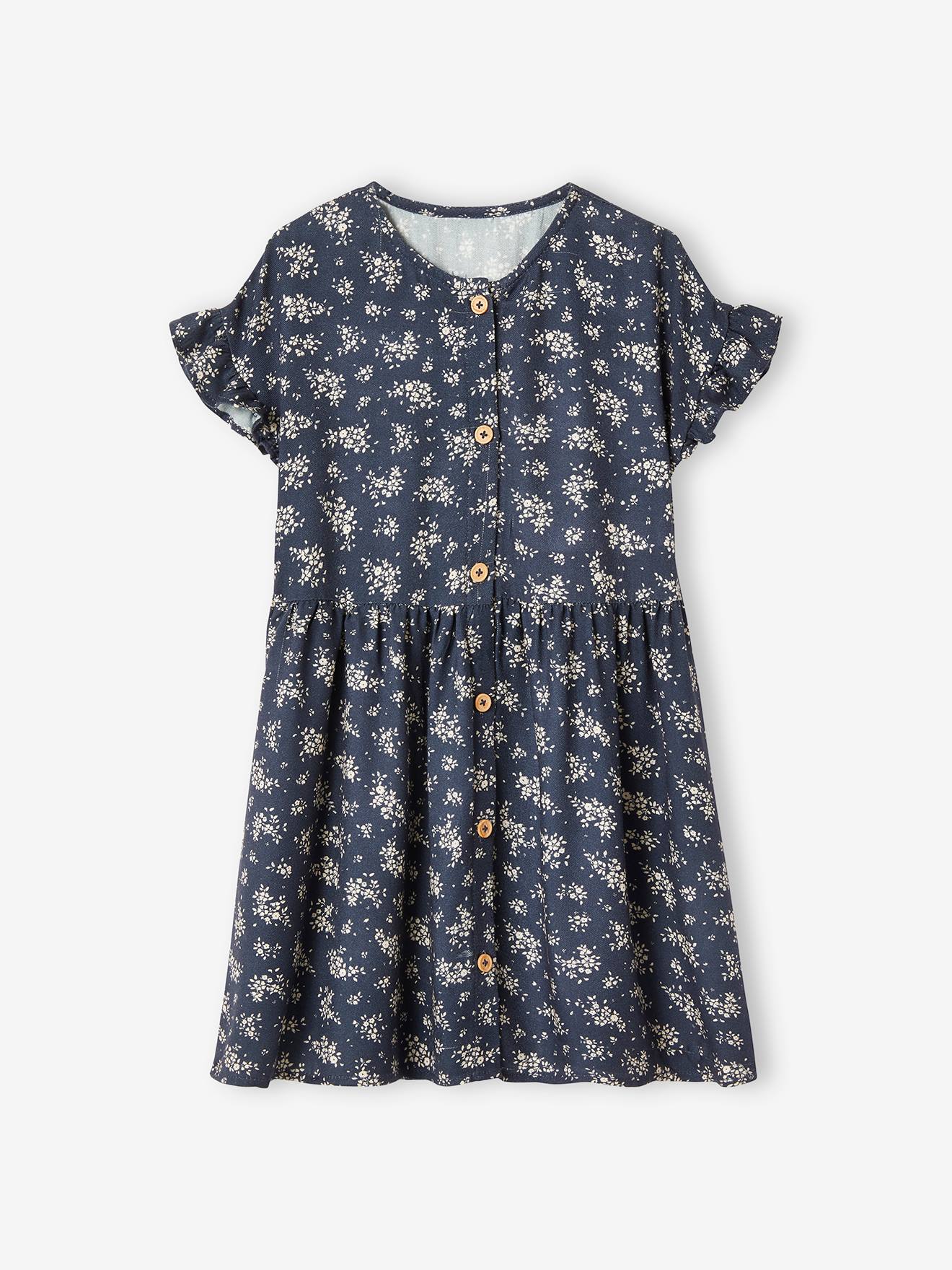 Geknoopte meisjesjurk met bloemen marineblauw