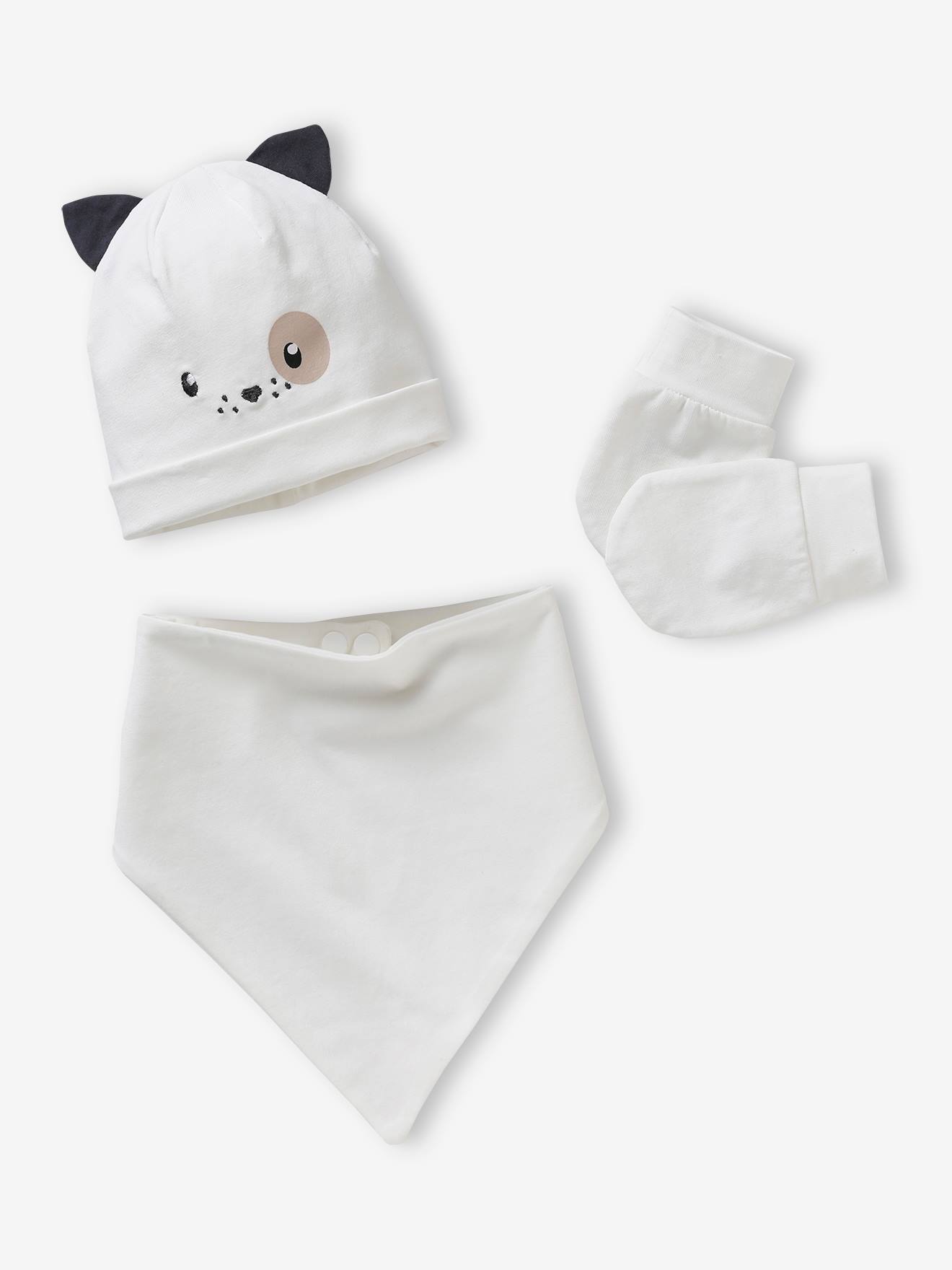 Setje hond muts + wanten + sjaal met personaliseerbare print voor baby's wit