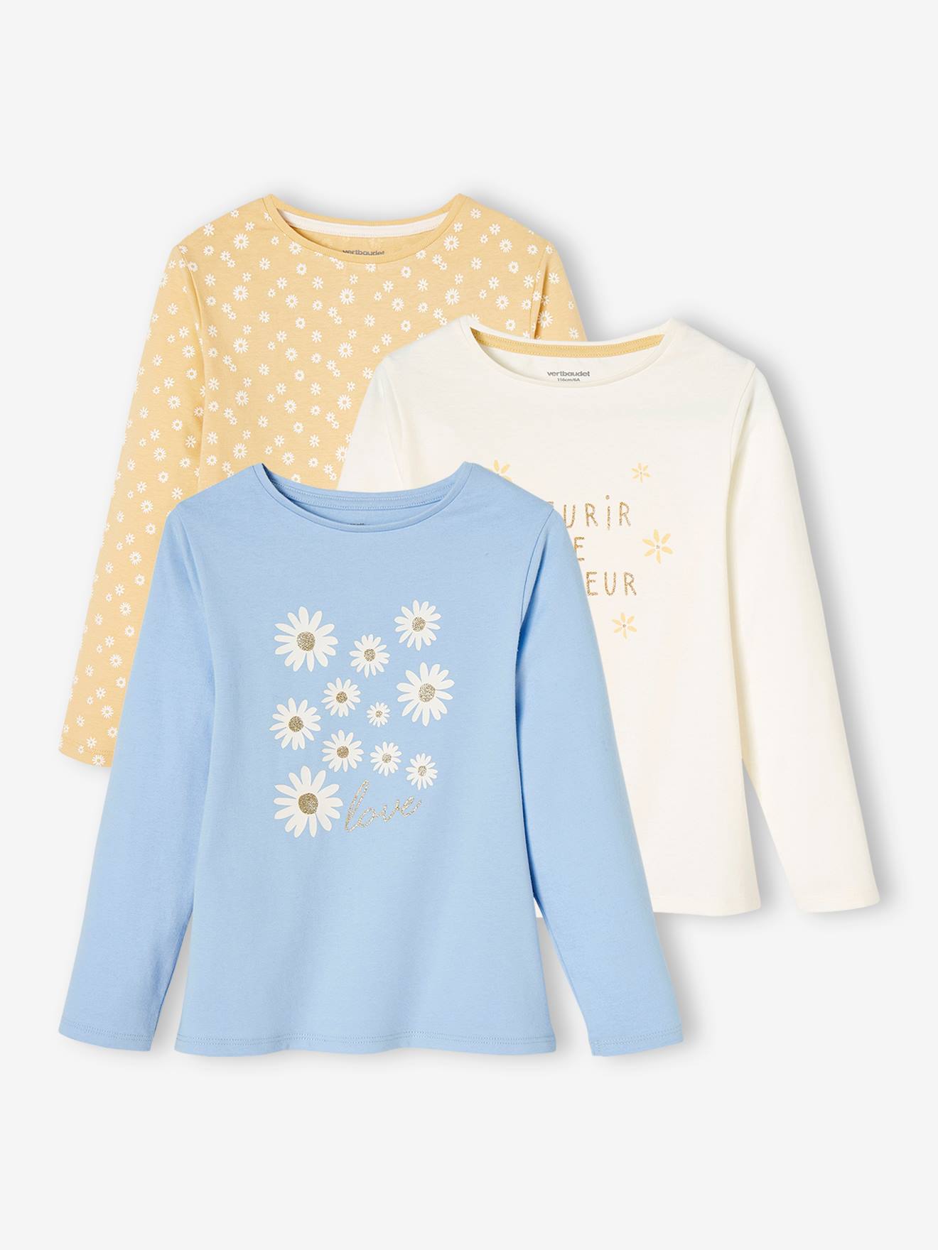 Set van 3 T-shirts voor meisjes met lange mouwen Oeko-Tex® hemelsblauw