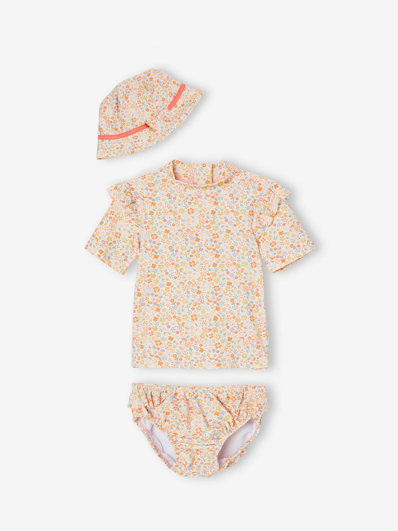 Meisjesbaby UV-bescherming zwemset T-shirt + slipje + hoedje met liberty print koraal