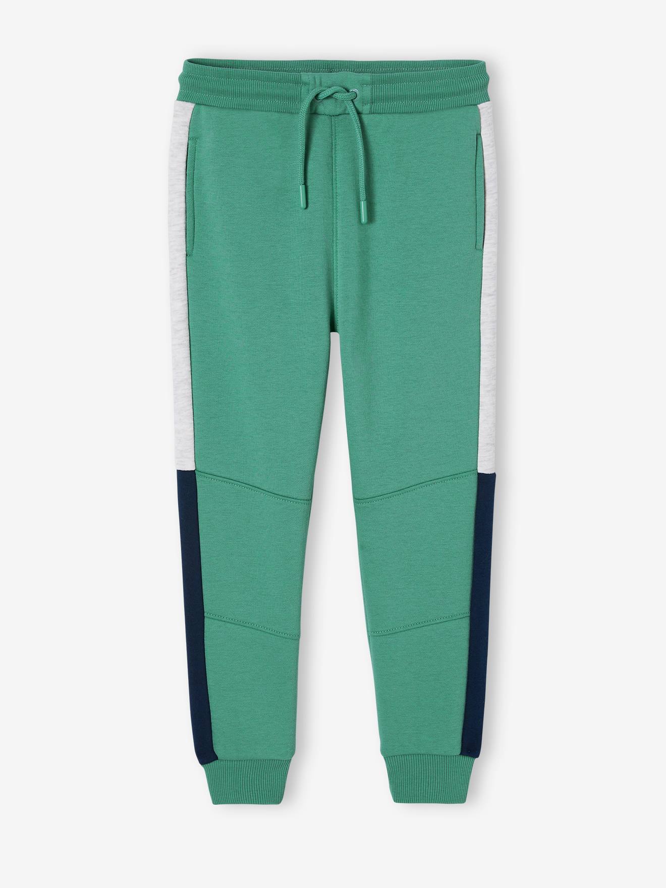 Sportbroek voor jongens in fleece, met tweekleurige zijbanden groen