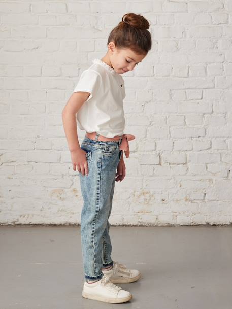 Jeans 'mom fit' met riem van katoengaas voor meisjes denim zwart+double stone - vertbaudet enfant 