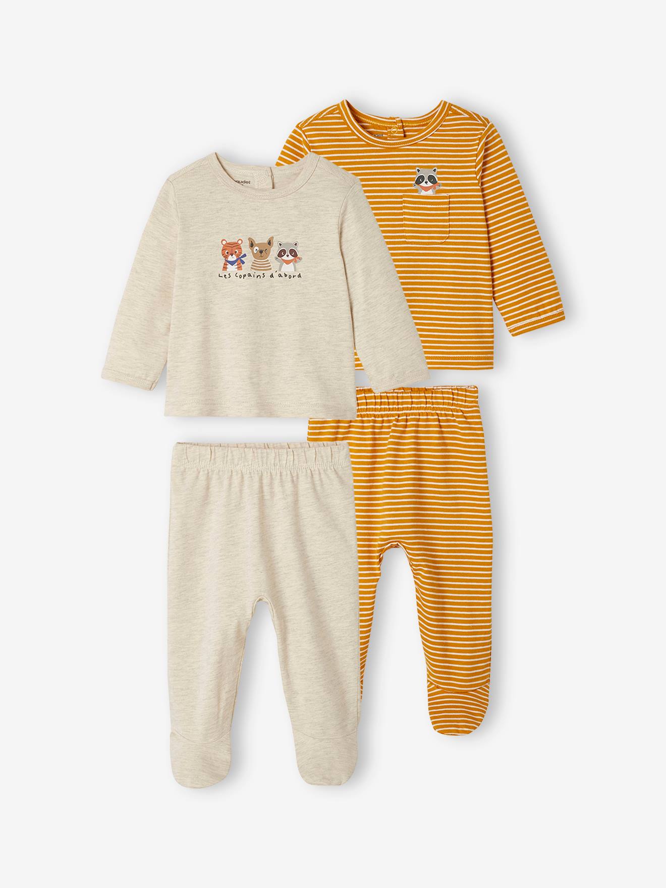 Set van 2 jersey pyjama's jongensbaby mosterdgeel