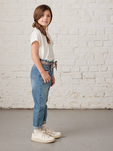 Paperbag jeans met bloemenriem voor meisjes denimgrijs+onbewerkt denim+stone - vertbaudet enfant 