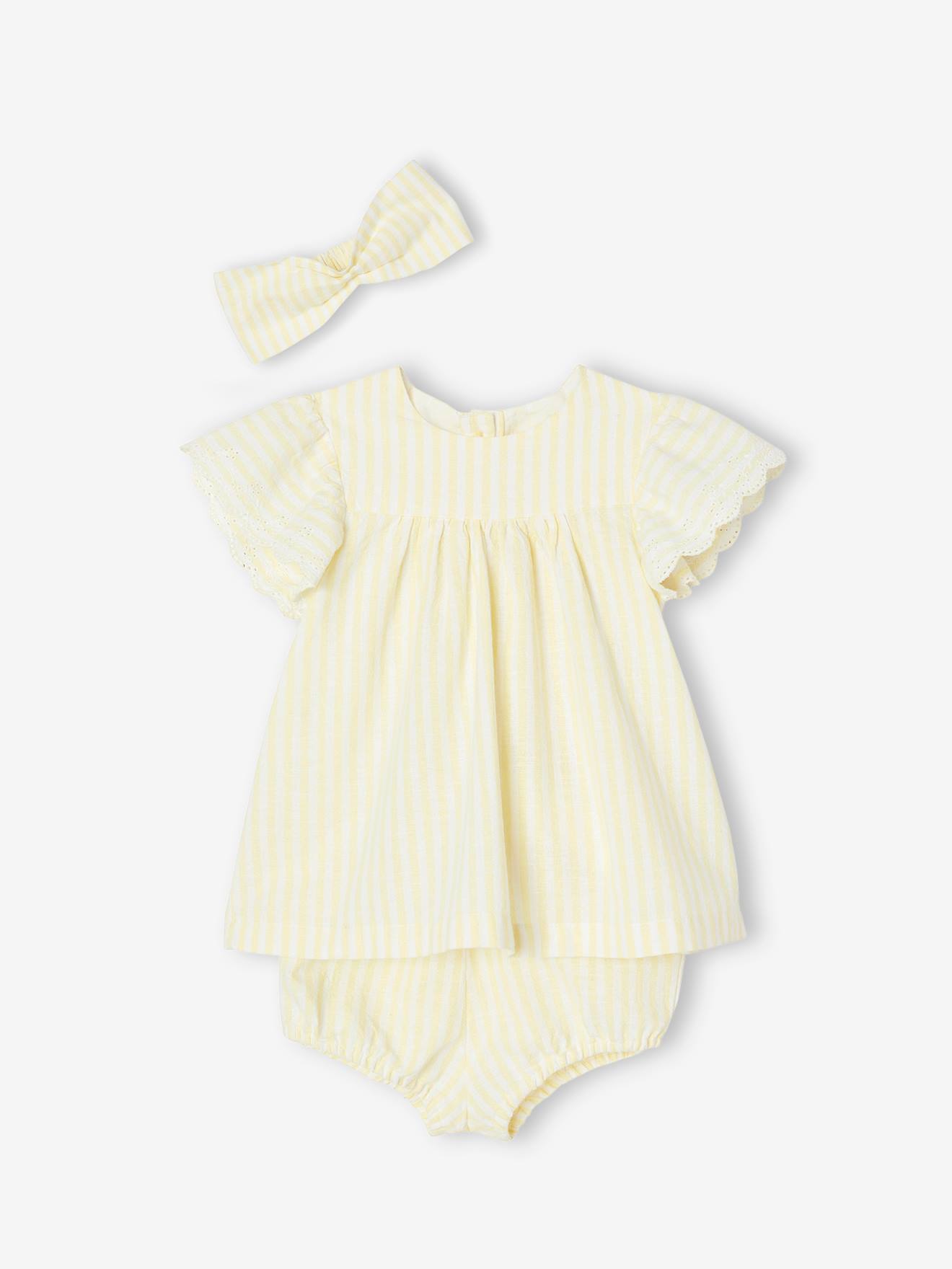 Driedelige set voor baby: jurk + bloomer + haarband pastelgeel