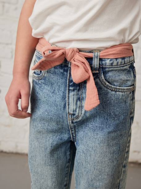 Jeans 'mom fit' met riem van katoengaas voor meisjes denim zwart+double stone - vertbaudet enfant 