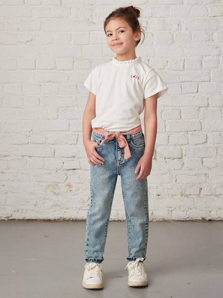 Jeans 'mom fit' met riem van katoengaas voor meisjes denim zwart+double stone - vertbaudet enfant 