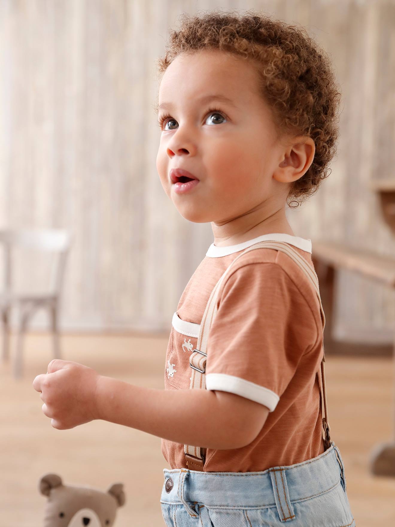 Baby-T-shirt van gevlamd katoen, korte mouwen pecannoot