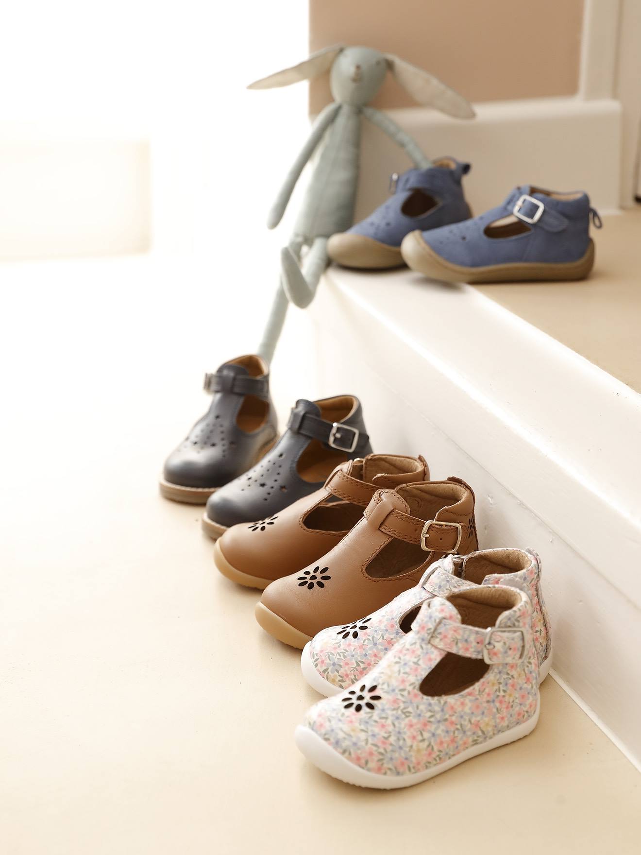 Zacht lederen sandalen voor baby's die kruipen jeansblauw