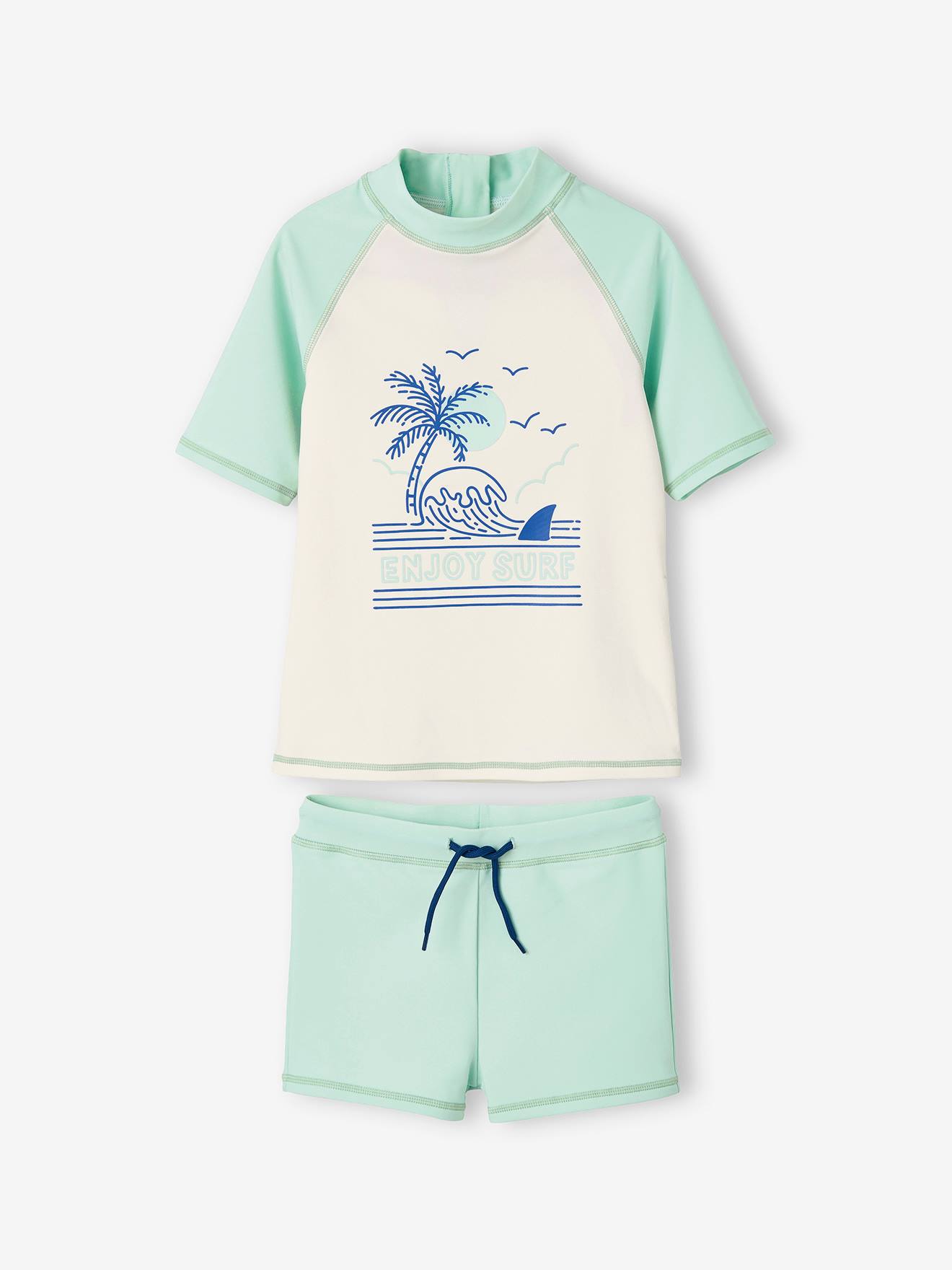Anti-UV jongensbadset met T-shirt + boxershort blauwgroen