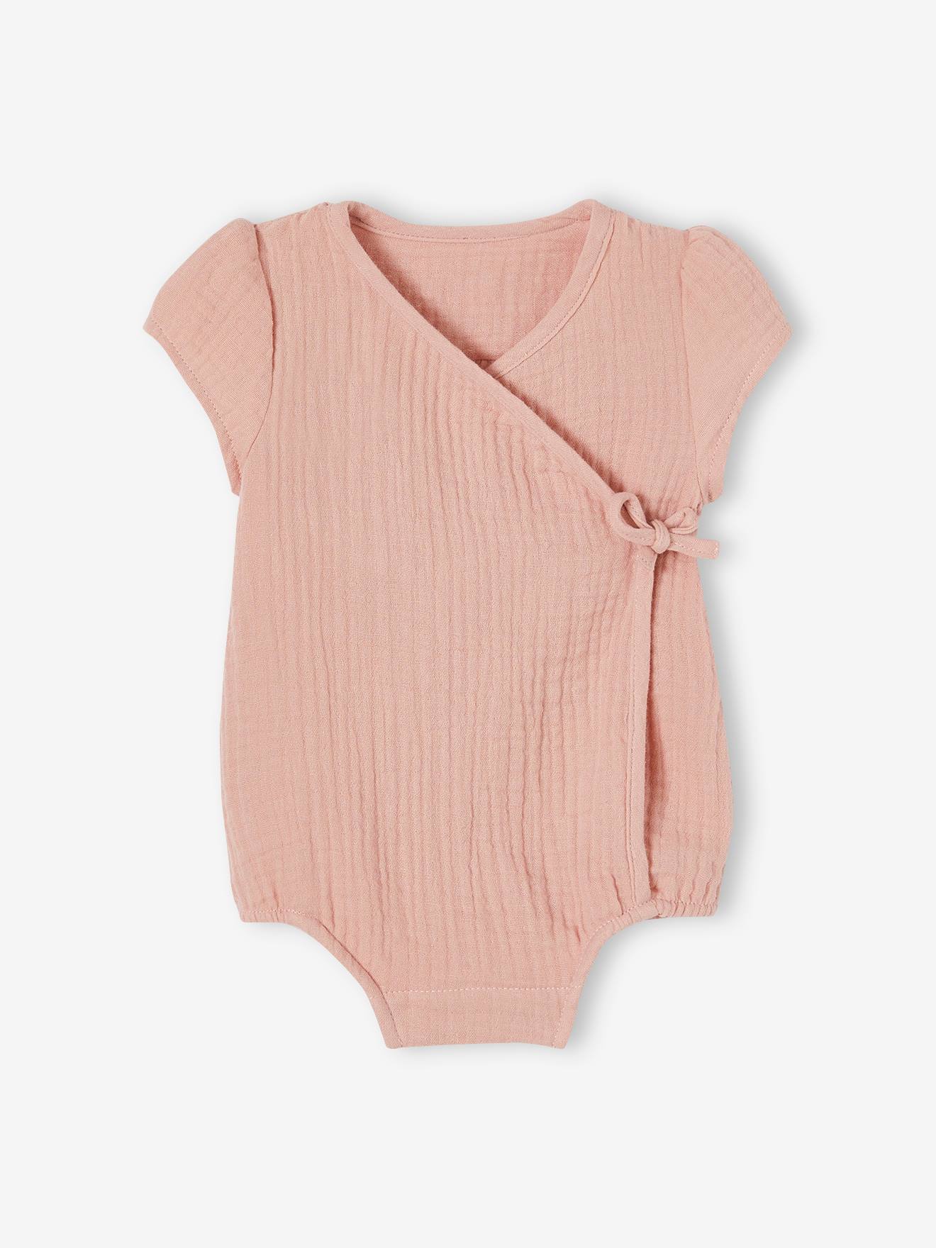 Romper baby van katoengaas, personaliseerbaar, sluiting pasgeborenen roze (poederkleur)