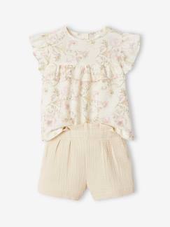 Meisje-Short-Feestelijk setje voor meisjes blouse met ruches en short van katoengaas