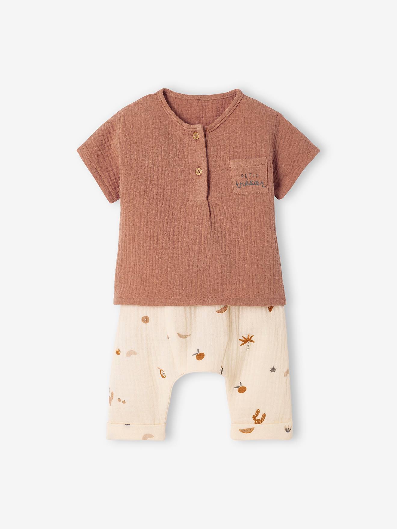 Set voor baby van katoengaas met shirt en broek pecannoot
