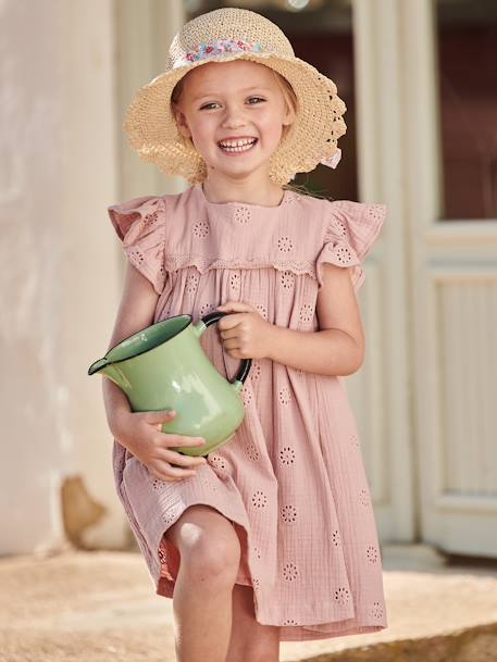 Bloemetjesjurk voor meisjes van katoengaas lichtblauw+pastelgeel+roze (poederkleur)+vanille - vertbaudet enfant 