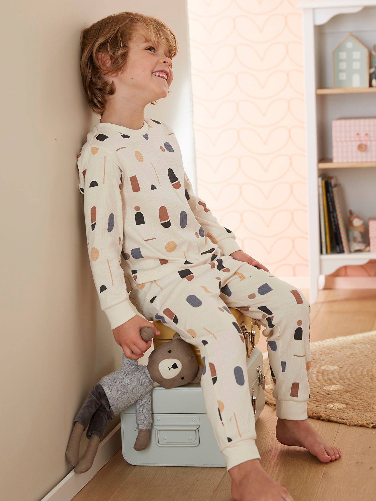 Platte ribpyjama met geometrische print voor jongens ecru
