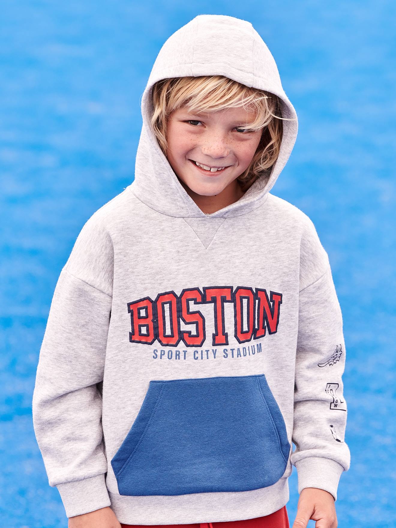 Sportsweater voor jongens met capuchon motief van Boston-team gemêleerd grijs