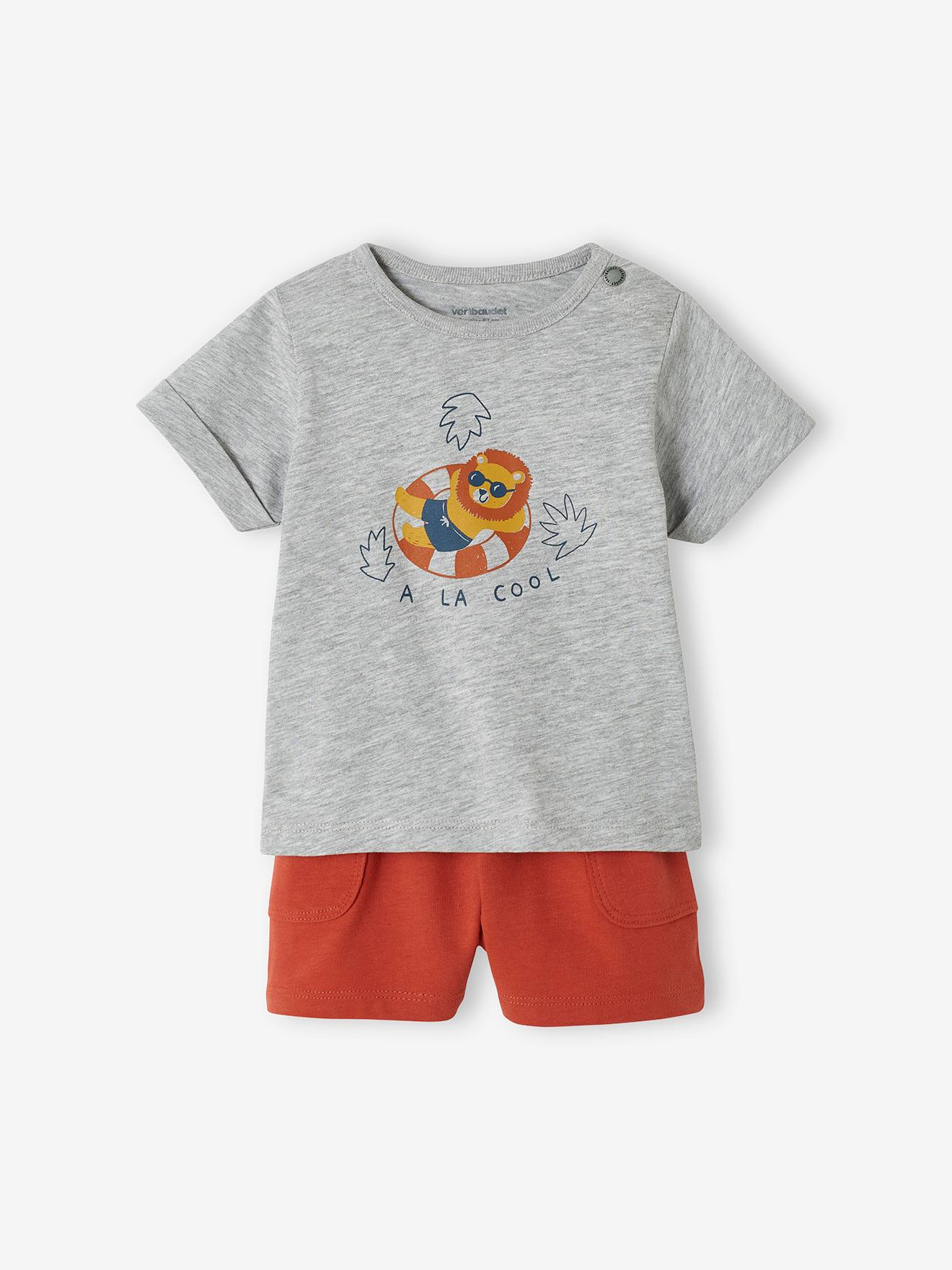 Set babyshirt met print en baggy short gemêleerd grijs