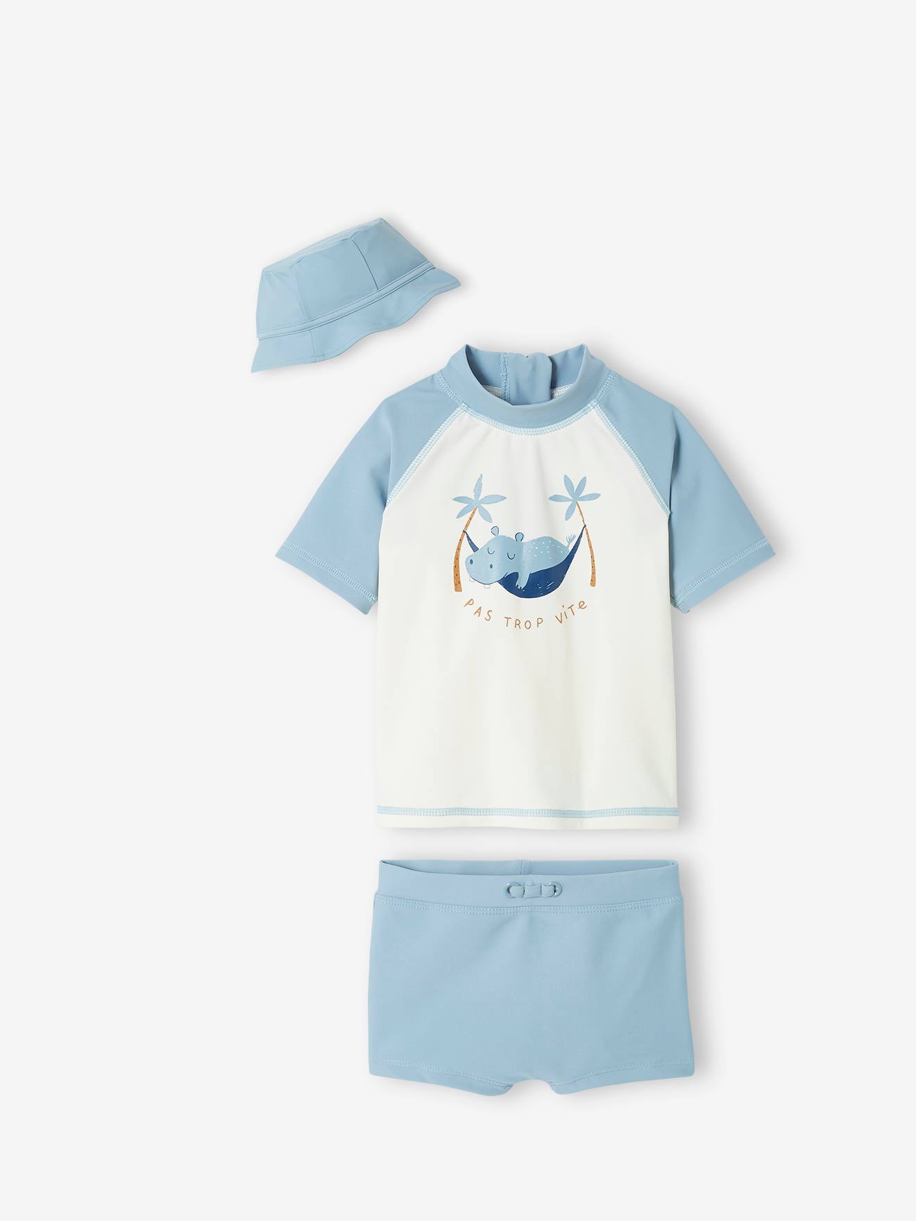 Zwemset met UV-bescherming voor jongensbaby T-shirt + boxershort + hoedje met nijlpaardprint blauwgroen