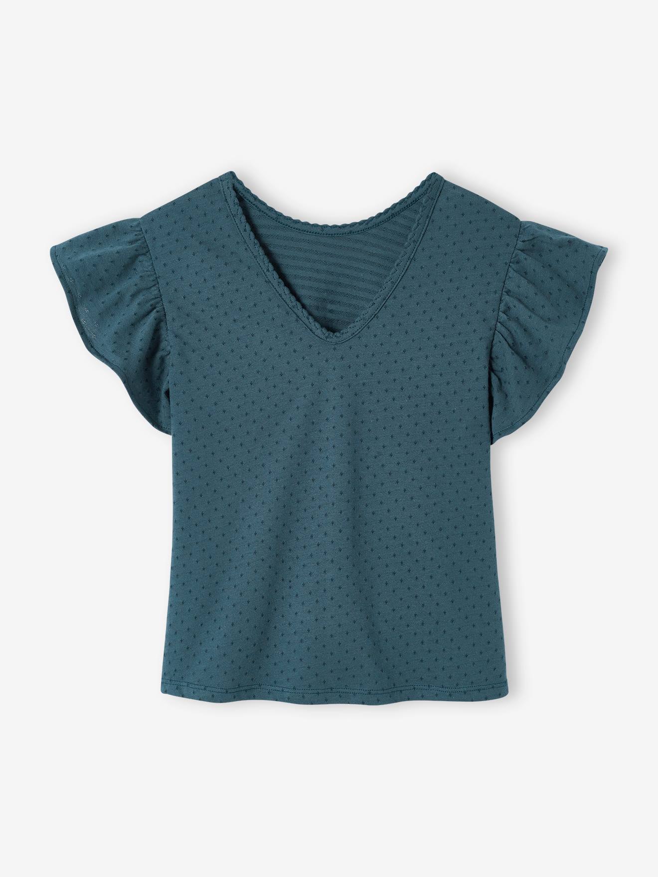 Meisjes-T-shirt met motief en ruches aan de mouwen inktblauw