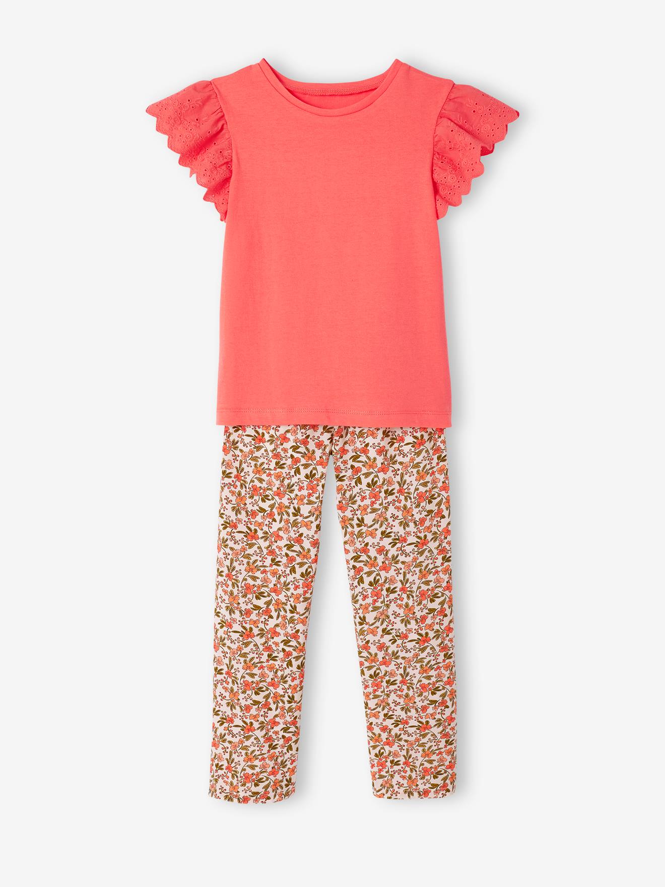 Set met meisjes-T-shirt en soepele broek met print koraal