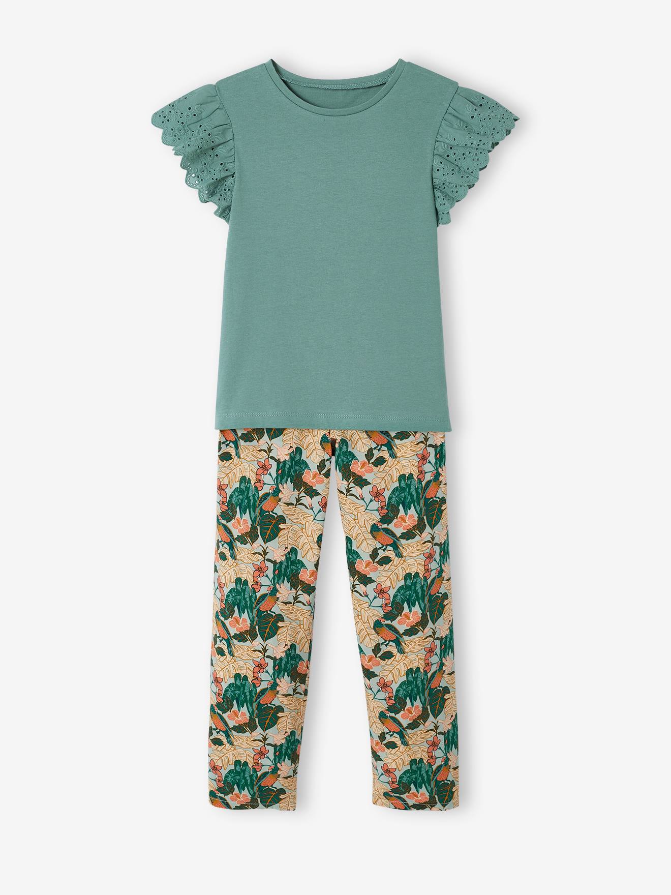 Set met meisjes-T-shirt en soepele broek met print smaragdgroen