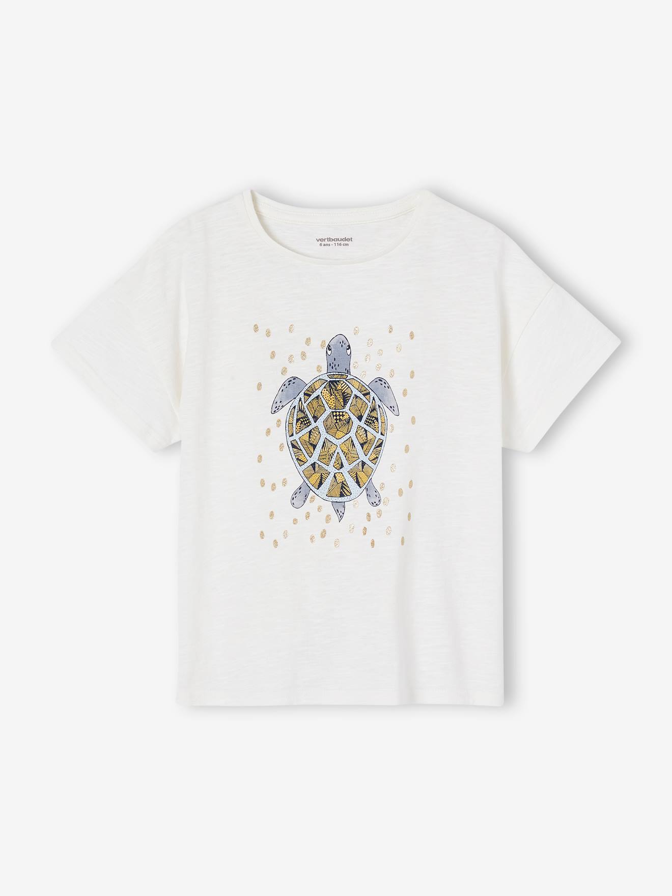 Meisjesshirt met iriserend schildpadmotief en ruches op de rug ecru