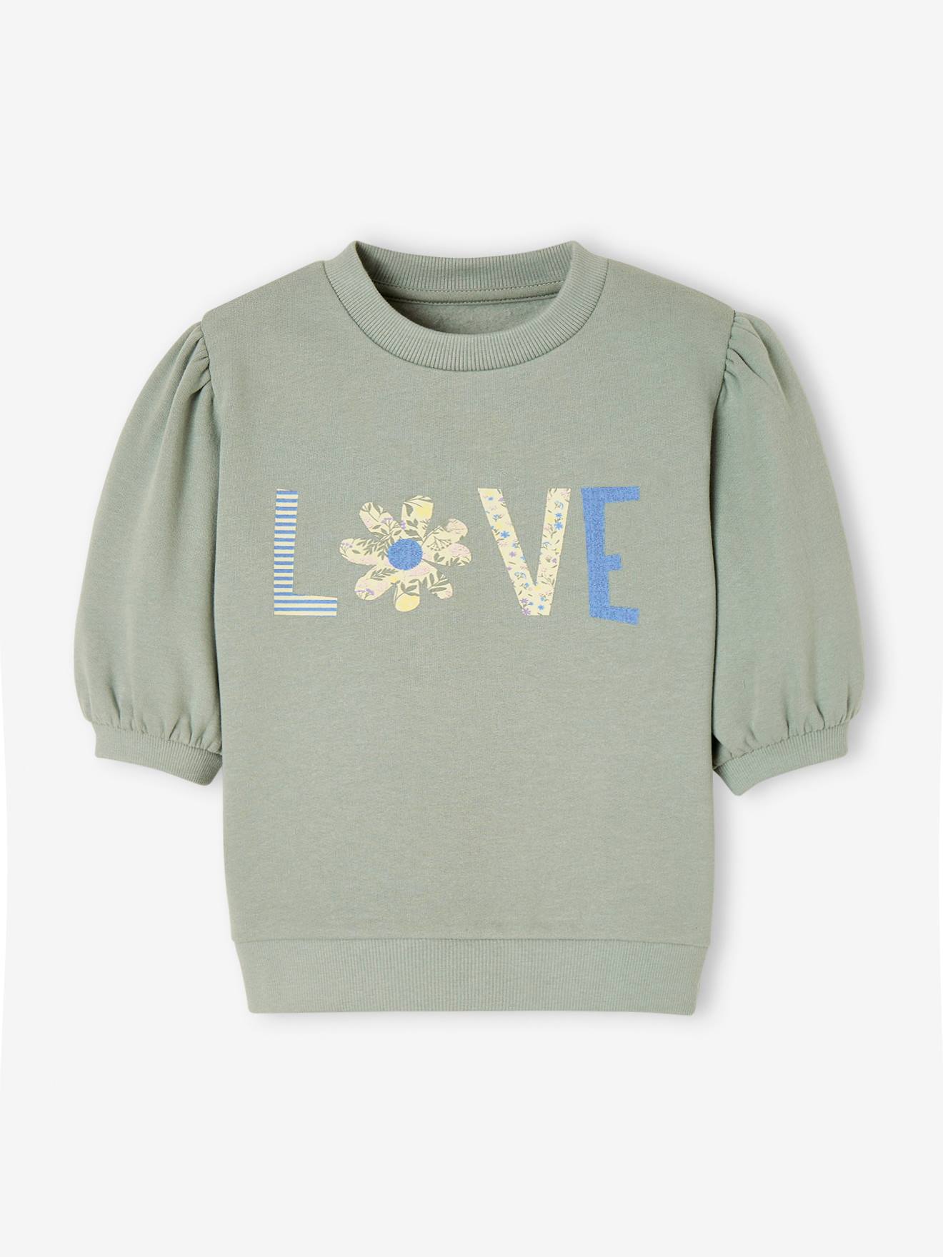 Sweatshirt "love" voor meisjes met korte pofmouwen blauwgroen