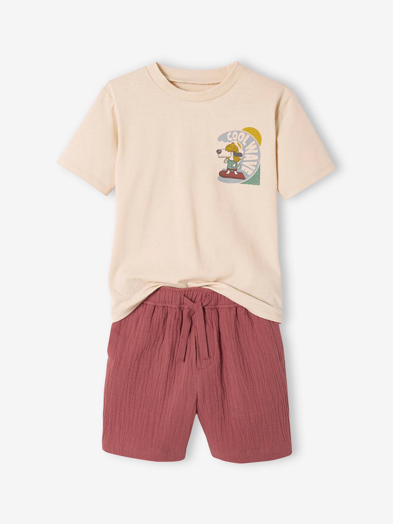Set T-shirt en short van katoengaas voor jongens terracotta