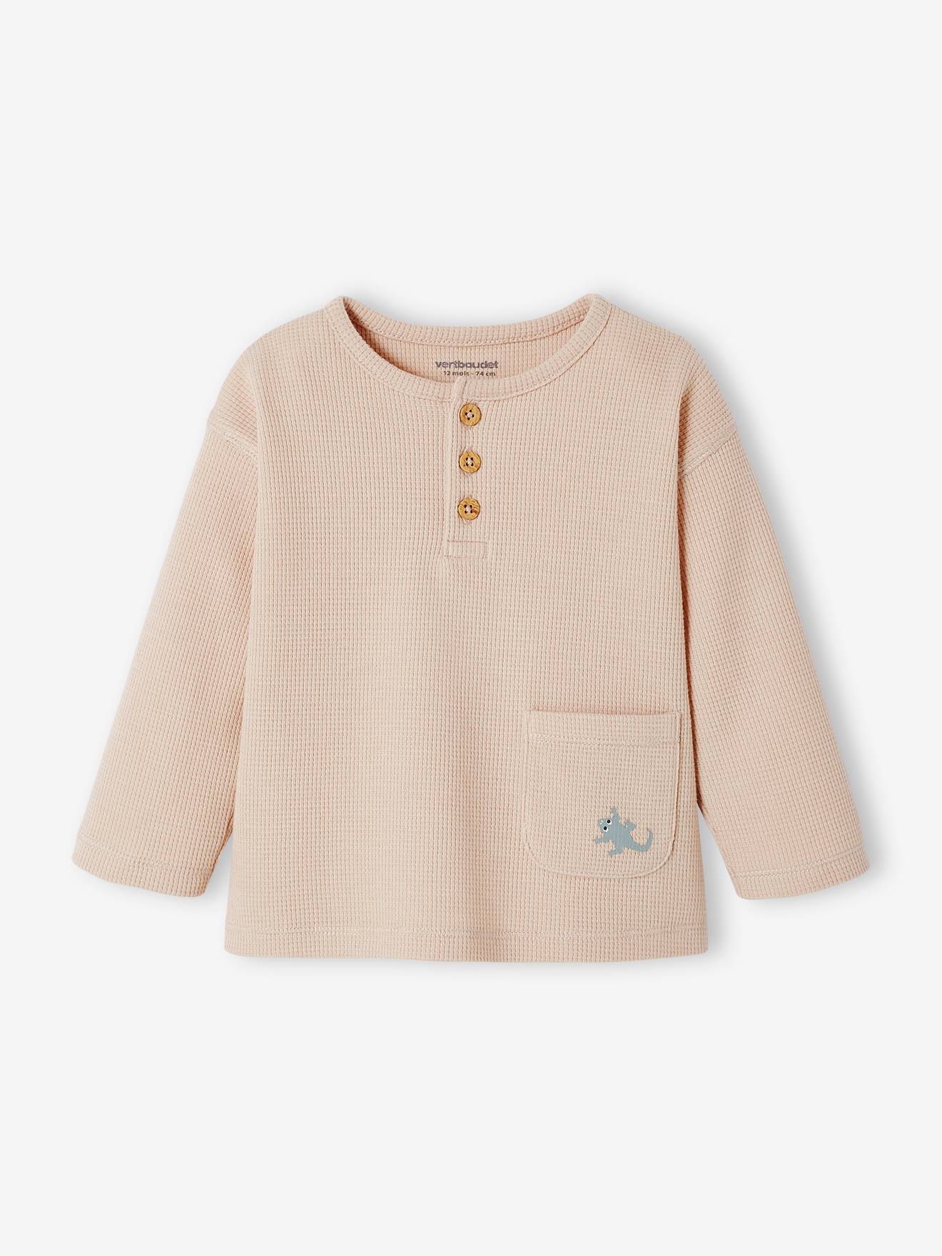 Baby-T-shirt met Tunesische hals en honinggraatmotief lange mouwen beige