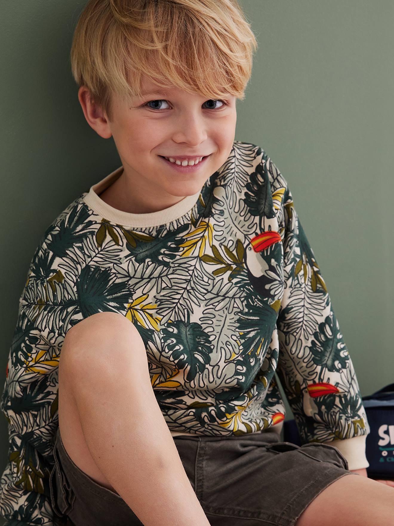 Sweater jongen met junglemotief wit, bedrukt