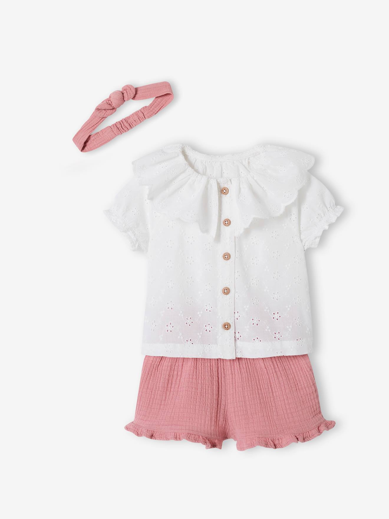 3-delige babyset met geborduurde blouse, short van katoengaas en bijpassende hoofdband rozen