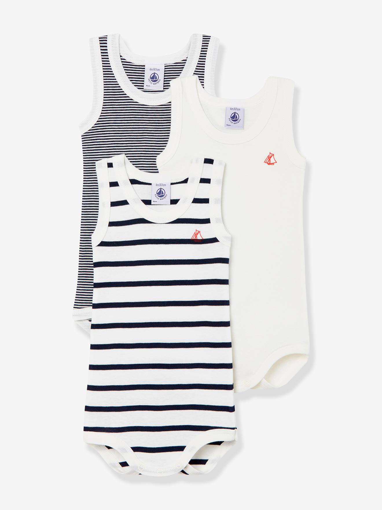 Set van 3 mouwloze rompertjes in biokatoen PETIT BATEAU wit afbeelding