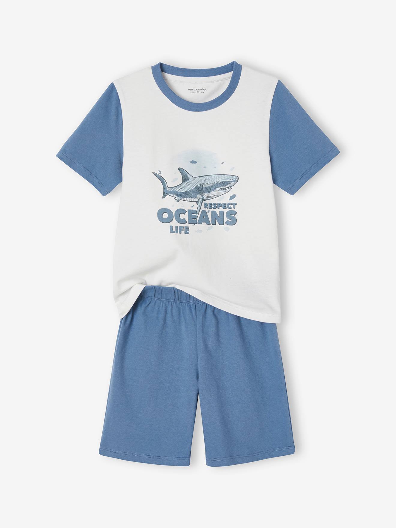 Pyjamashort voor jongens met haaienprint Basics jeansblauw