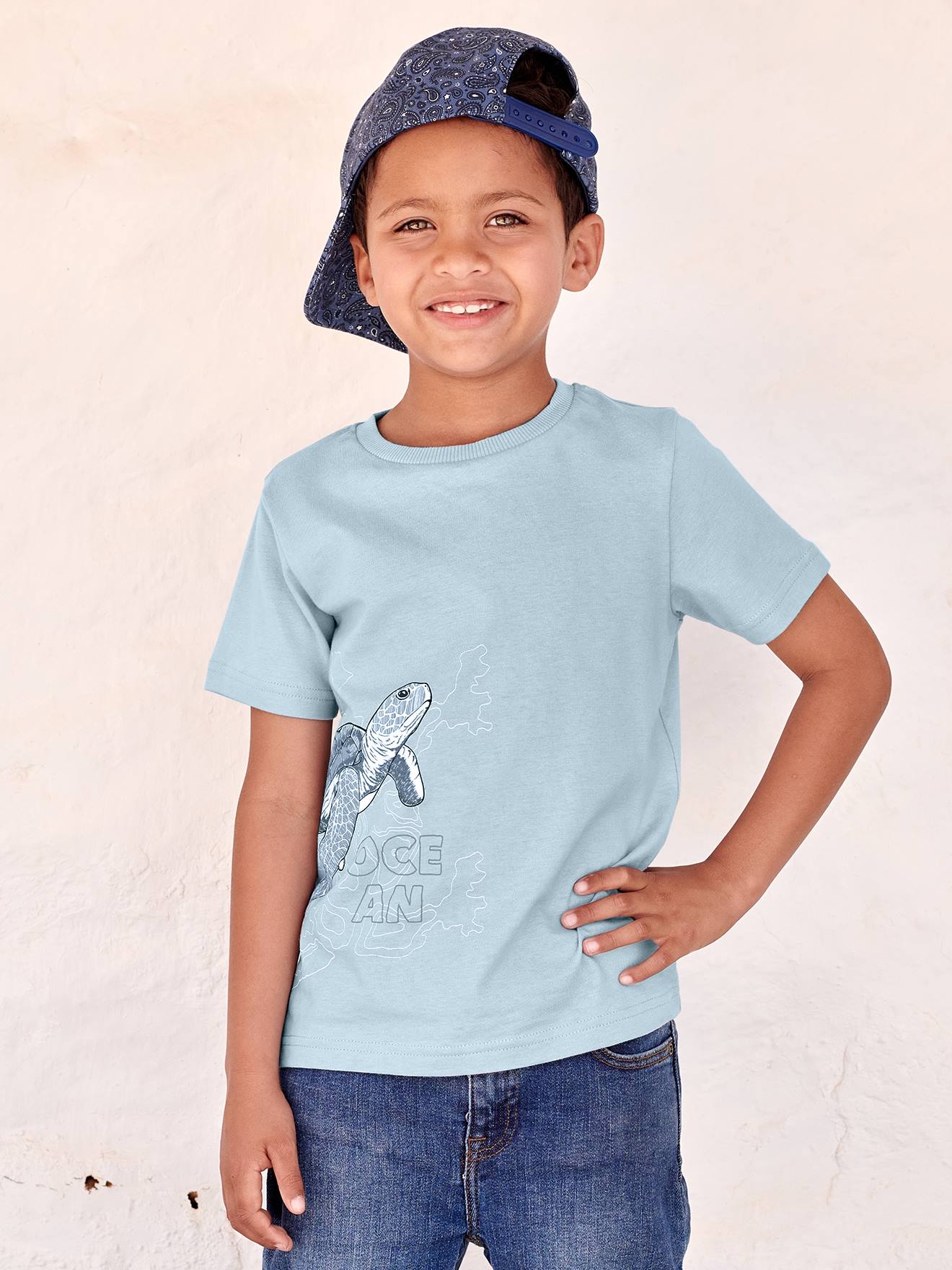 T-shirt voor jongens in biologisch katoen met dieren hemelsblauw
