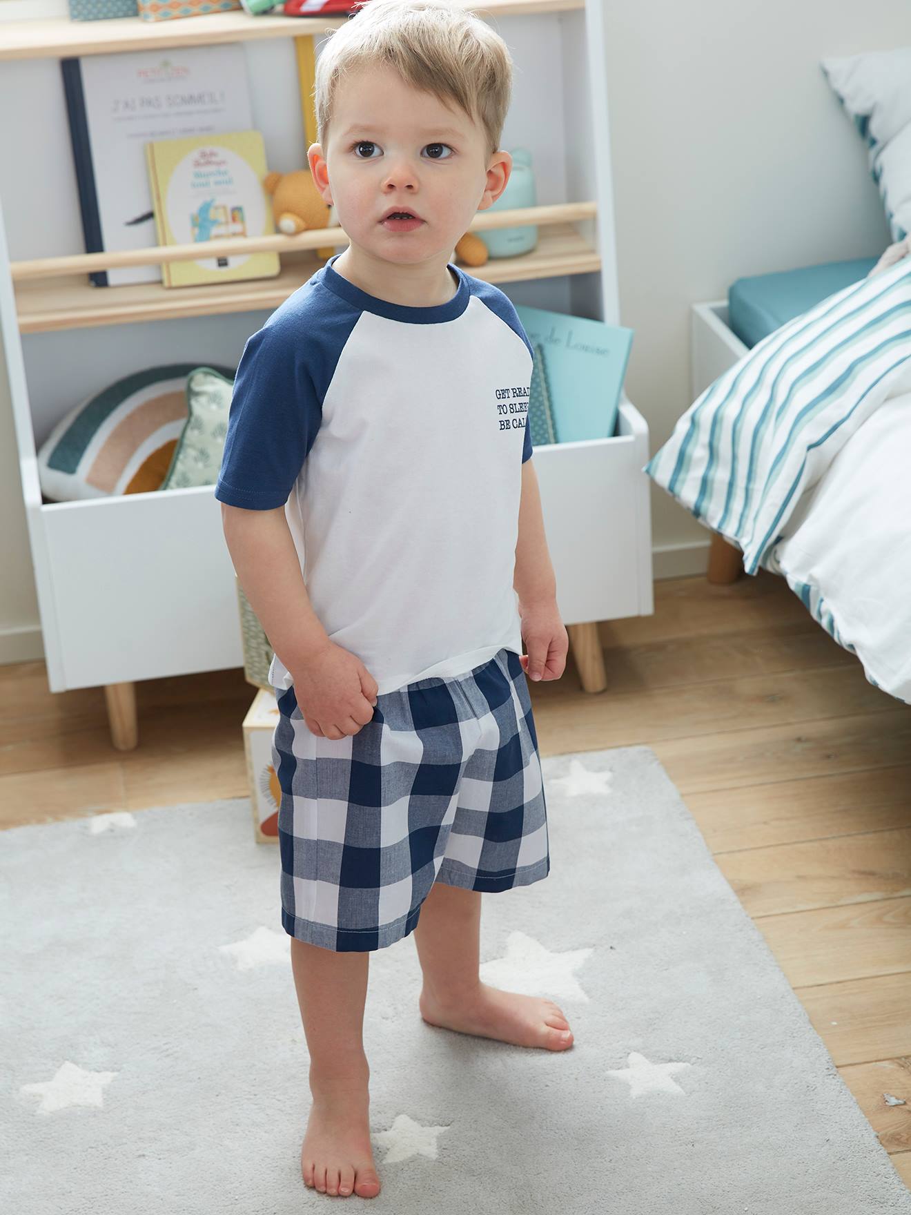 Pyjamashort met print voor jongens oceaanblauw