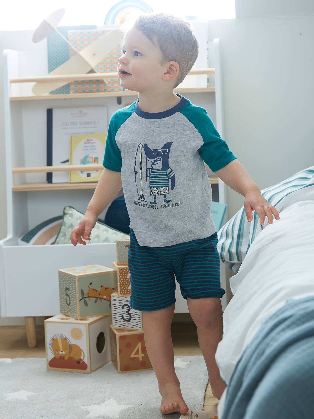 Pyjamashort met print Haai Surf voor jongens dennen