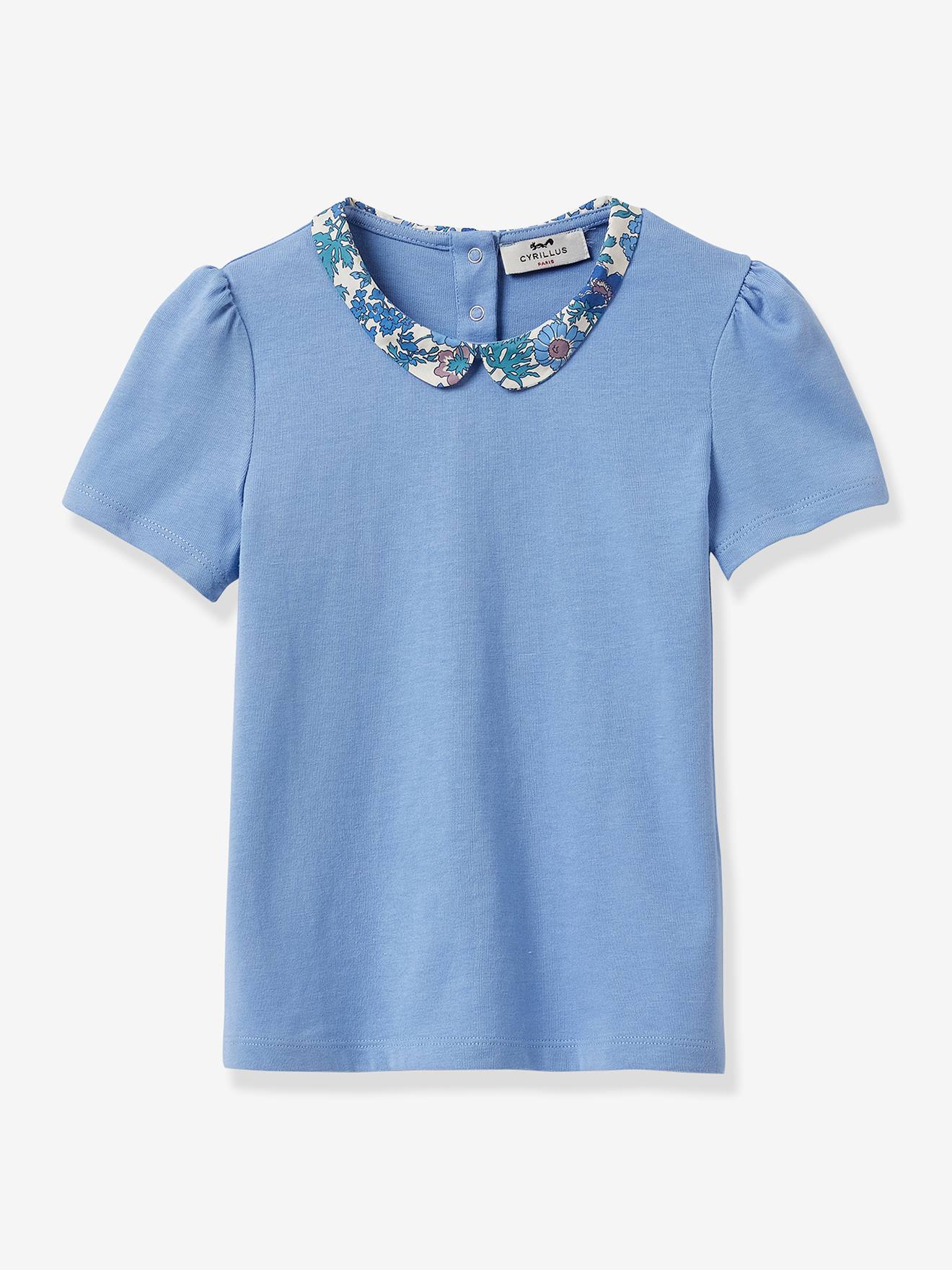 Meisjesshirt met kraag van Liberty®-stof CYRILLUS biokatoen blauw