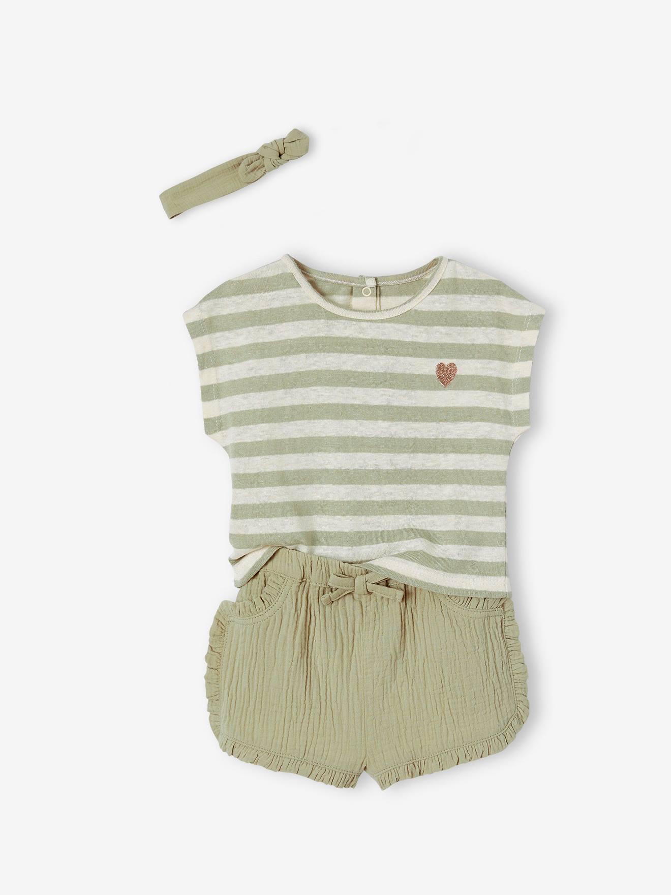 Babyset met short, gestreept T-shirt en hoofdband groengrijs