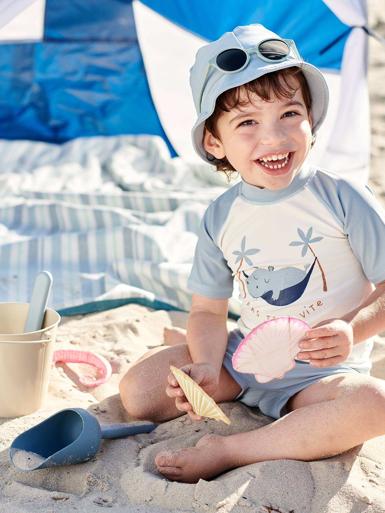 genetisch Madison Kustlijn Zwemset met UV-bescherming voor jongensbaby T-shirt + boxershort + hoedje  met nijlpaardprint - blauwgroen, Baby