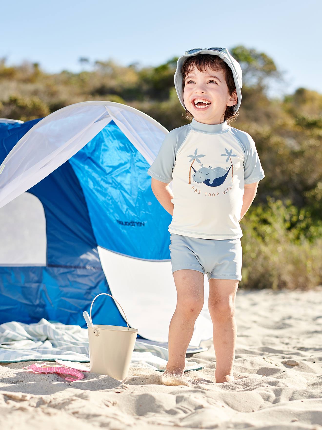 genetisch Madison Kustlijn Zwemset met UV-bescherming voor jongensbaby T-shirt + boxershort + hoedje  met nijlpaardprint - blauwgroen, Baby