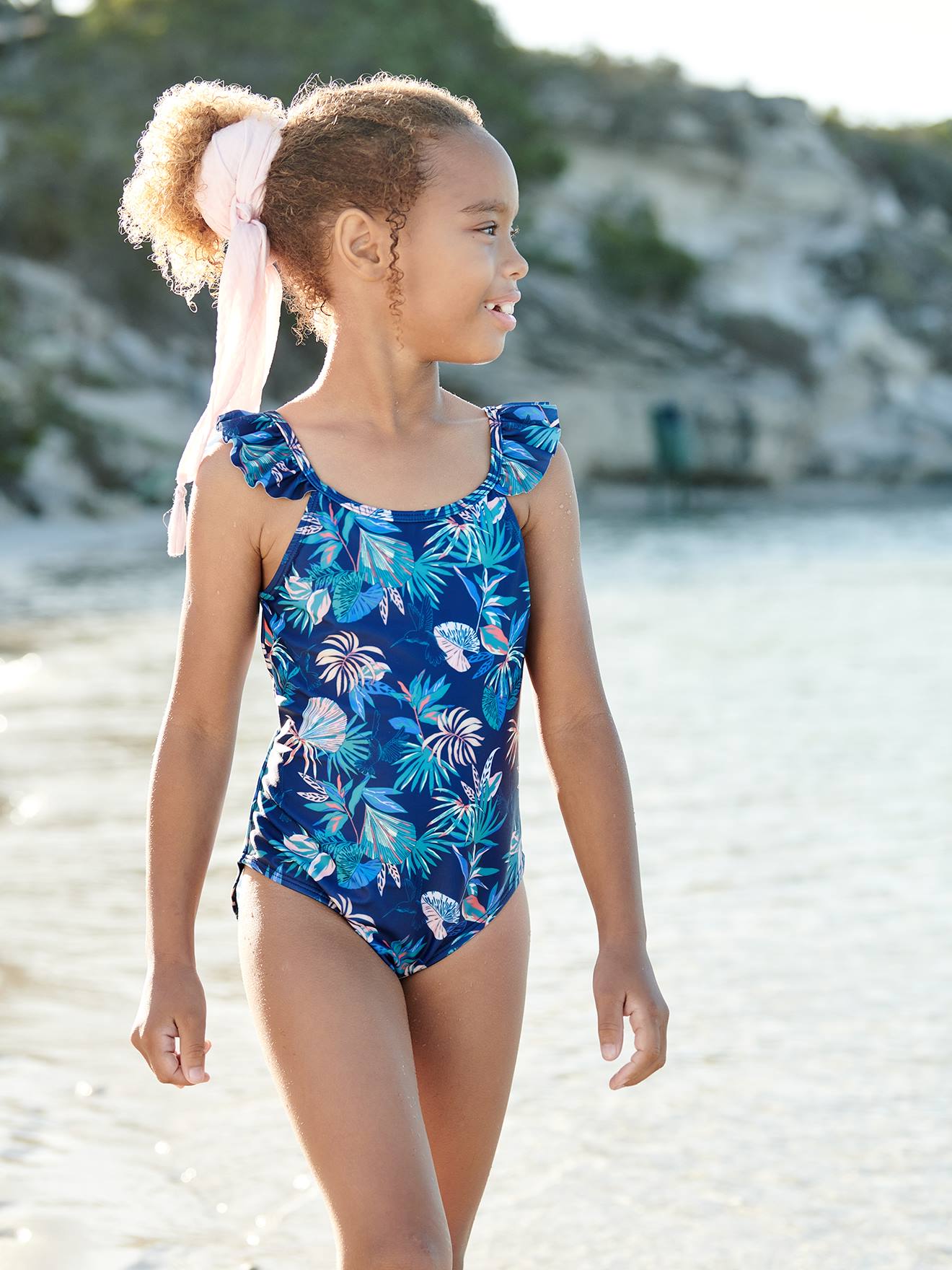 Badpak met tropische print voor - marineblauw, Meisje
