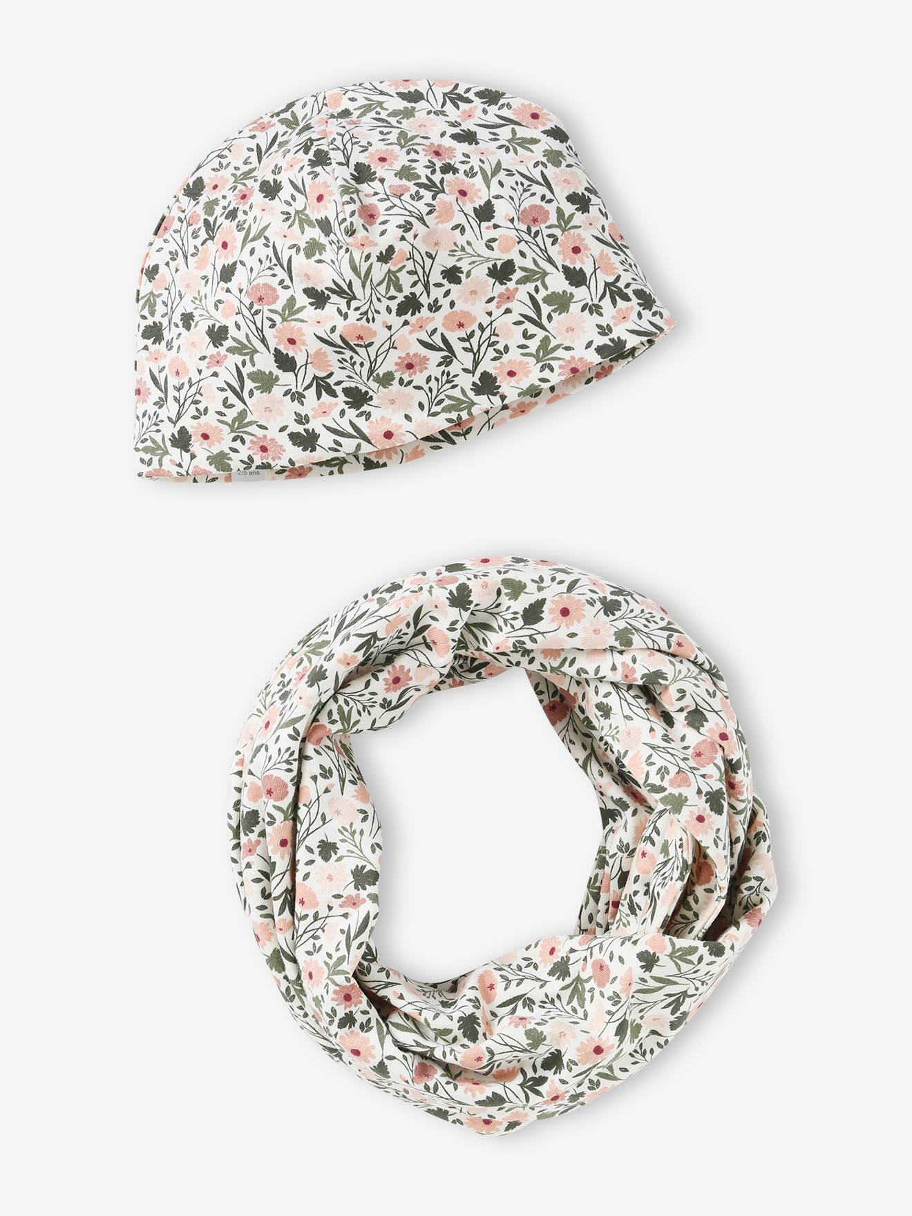 Gebloemde meisjesset muts + snood beige