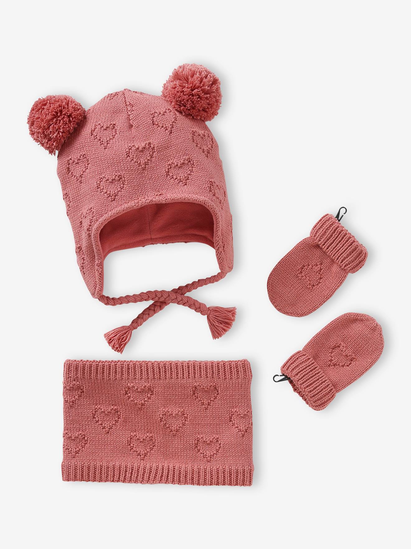 Set voor babymeisjes muts + snood + wanten met hartjes oudroze