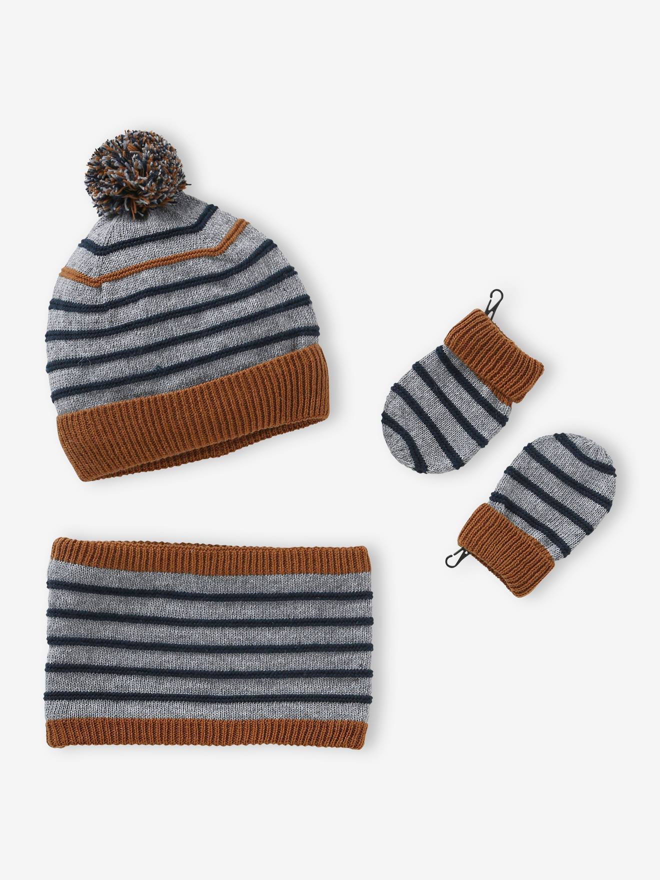 Set voor babyjongen met marineblauw mutsje + snood + wanten gemêleerd grijs