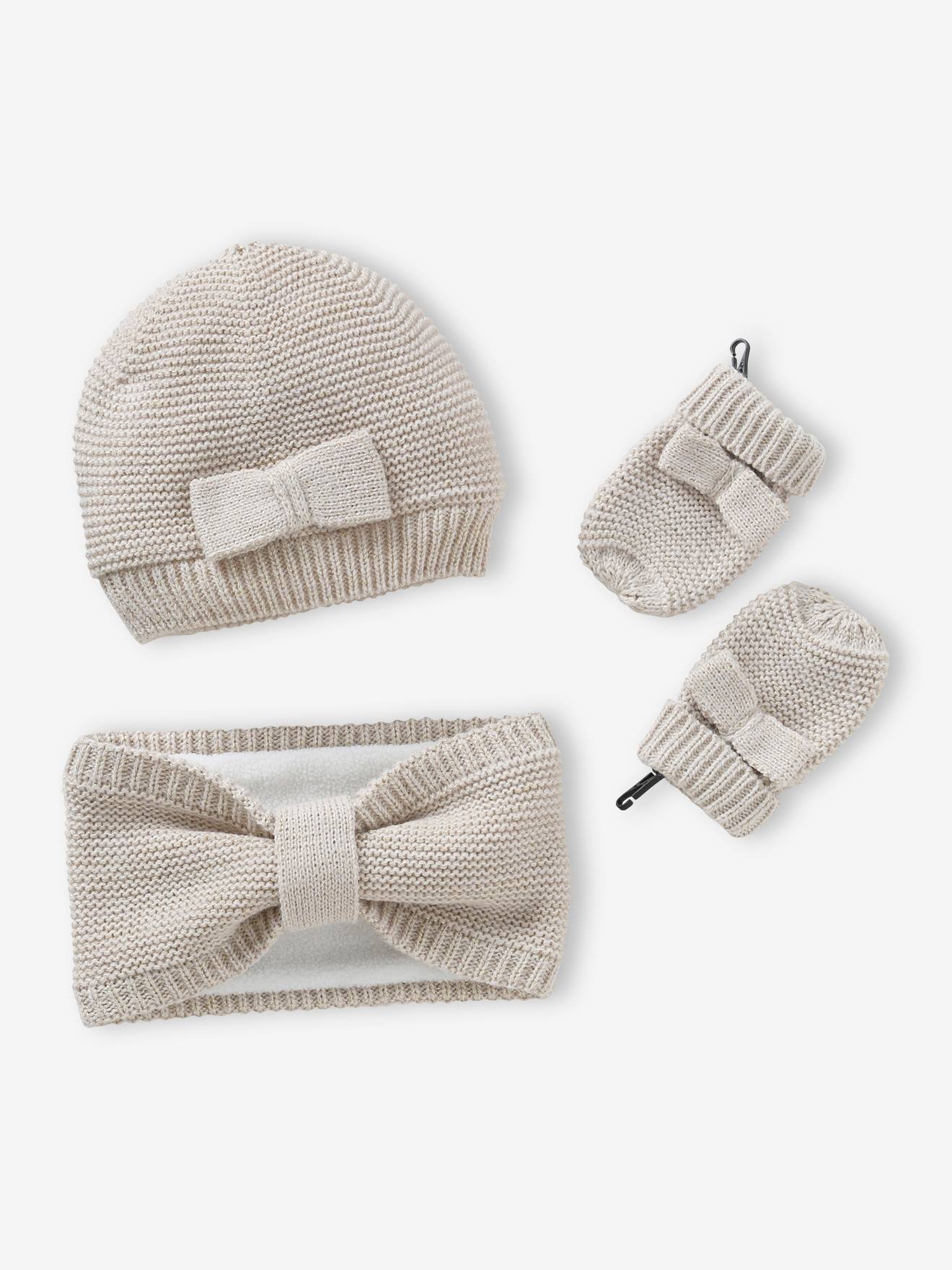 Set voor babymeisjes muts + snood + wanten strikjes ecru