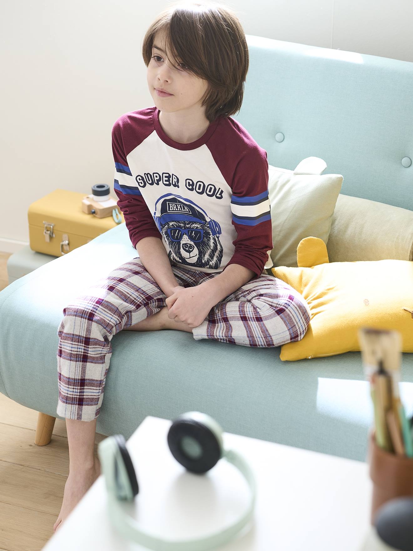 Supercoole pyjama met berenprint voor jongens, met flanellen broekje bordeauxrood