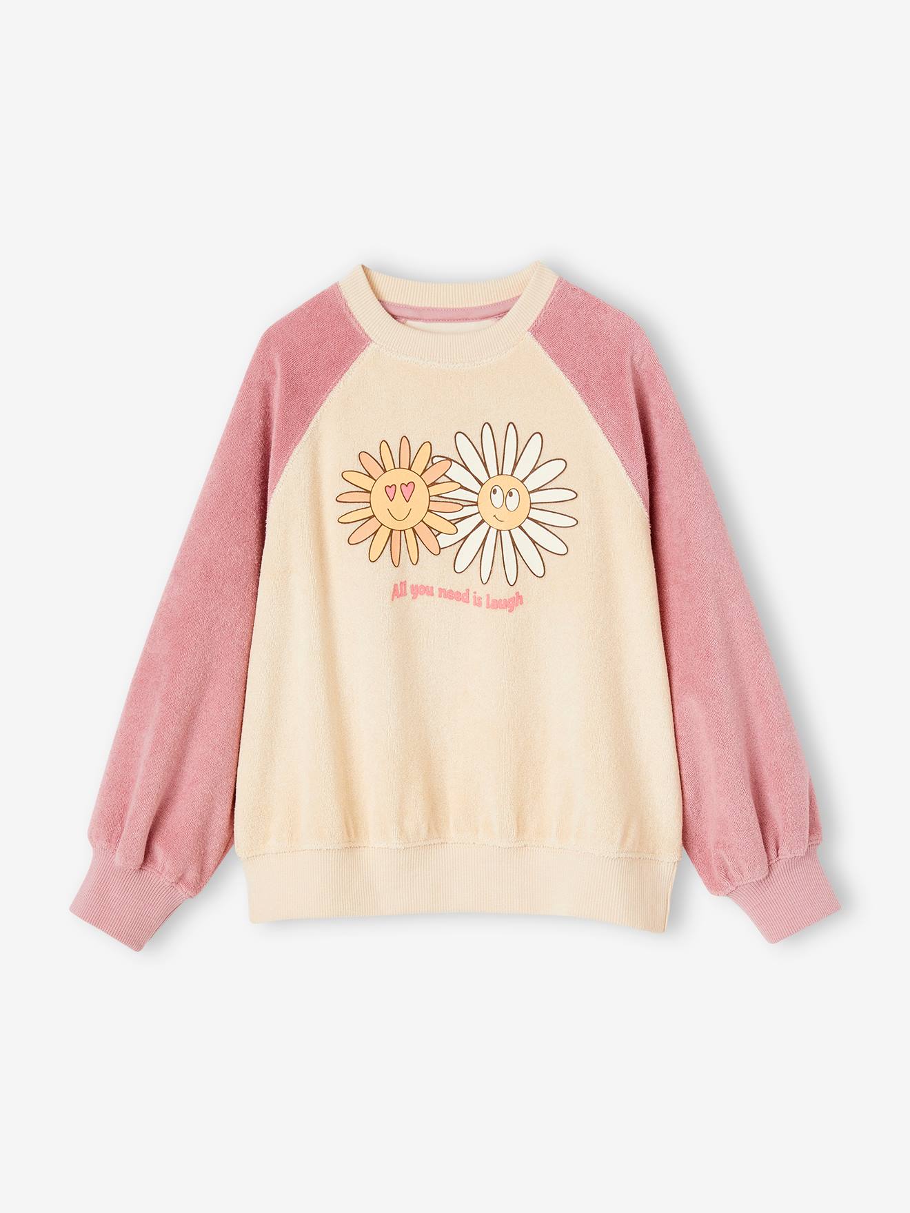 Terry raglan sweatshirt met bloemen voor meisjes ecru