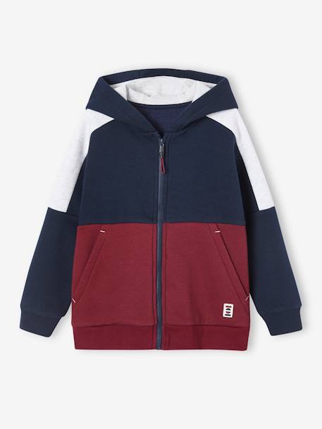 Sportieve sweater met rits en capuchon, colourblock effect, jongens bordeauxrood+dennen+gemêleerd grijs+okergeel - vertbaudet enfant 